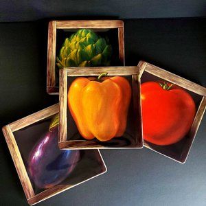Designer Square Side Plates in Vibrate Veggie Motifs & Faux Wood Border * READ *